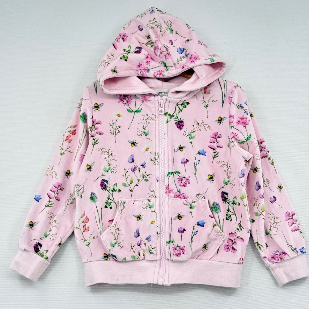 Milkshake Floral Bee Zip Velour Hoodie Girls Size 5 Pink Botanical Cottagecore